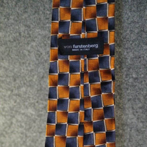 Von Furstenberg Tie Orange Blue Checker | 100% Silk | Made in Italy | Pre-Owned - Picture 2 of 2
